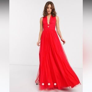 ASOS DESIGN Plunge Tiered Grecian tuelle maxi dress - Red - NWT